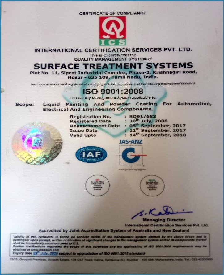 ISO 9000 Certificate for Paint Shop